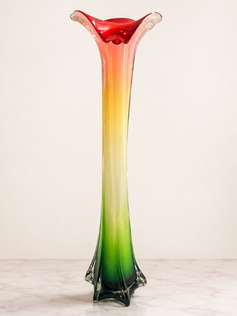 Vintage 1990s Postmodern Multicolor Ombre Calla Lily Art Glass Vase 15.5"